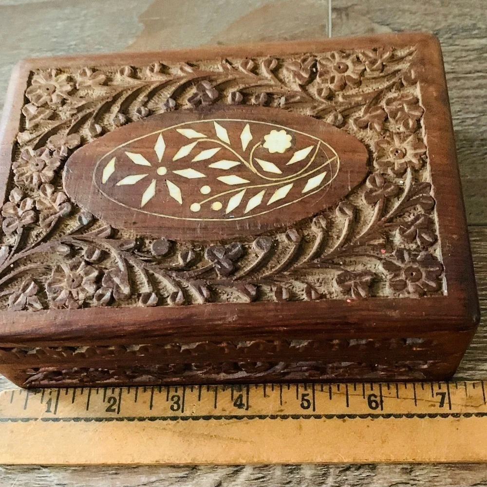 Vintage Hand Carved Wooden And Inlaid Trinket Box From India
